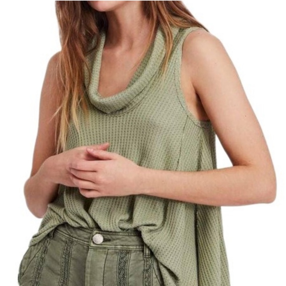 Free People Swing It Thermal Sleeveless Cowl Neck Top Sage Green Sz S